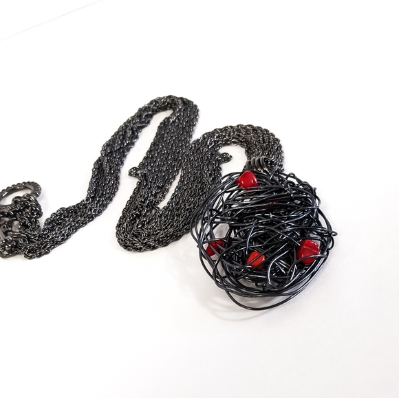 Necklace with Oval Pendant Coral Gemstone Handmade - Picture 7 of 9